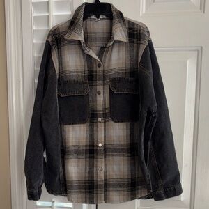 She + Sky distressed Black and Cream Plaid Jacket/Shacket small/medium